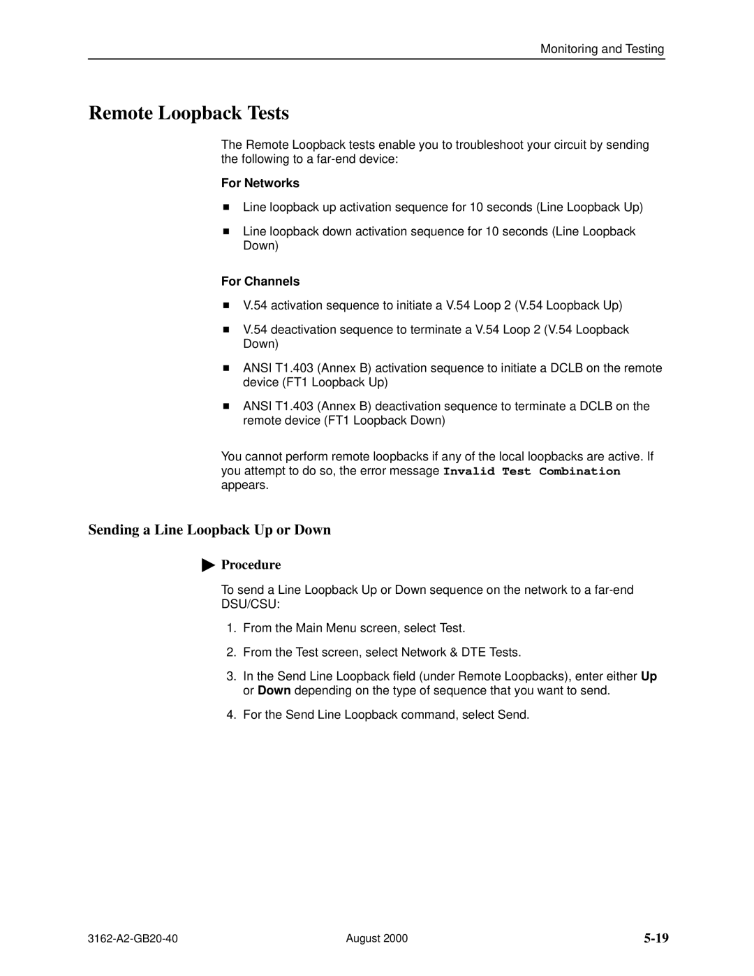 HP 3162 manual Remote Loopback Tests, Sending a Line Loopback Up or Down, For Networks, For Channels 