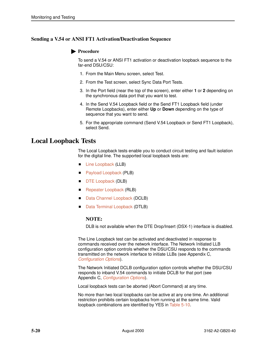 HP 3162 manual Local Loopback Tests, Sending a V.54 or Ansi FT1 Activation/Deactivation Sequence 