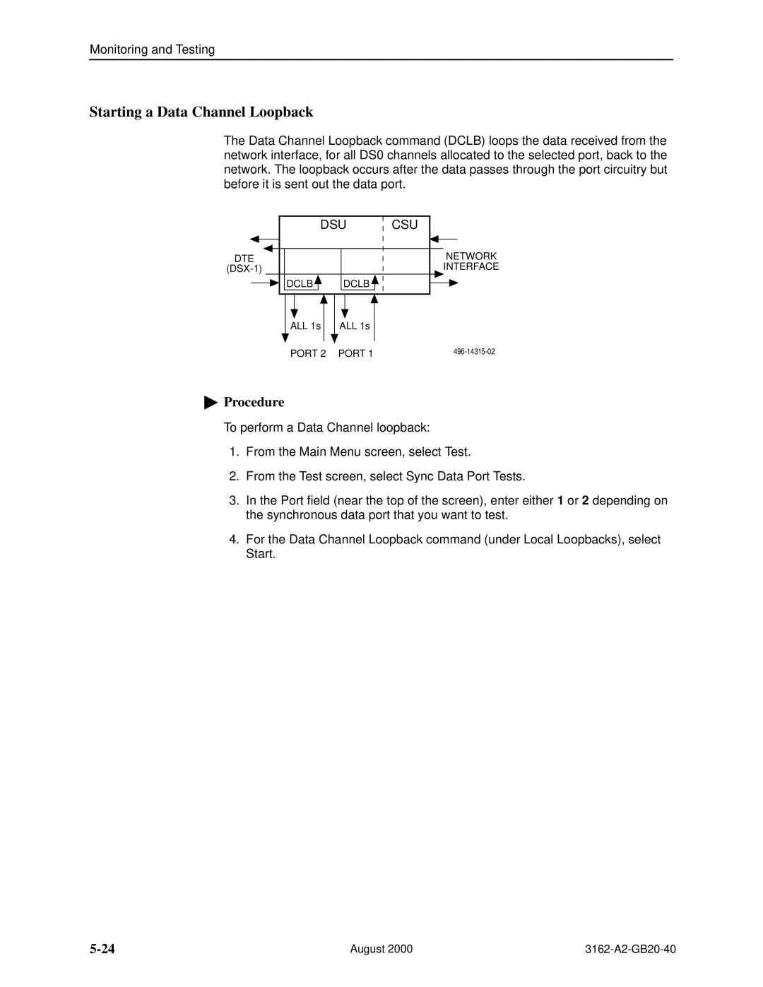 HP 3162 manual Starting a Data Channel Loopback 