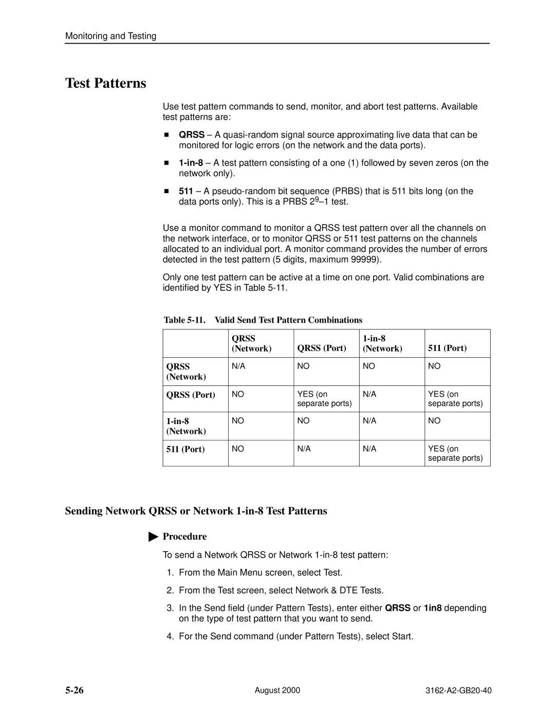 HP 3162 manual Sending Network Qrss or Network 1-in-8 Test Patterns, Network Qrss Port, In-8 Network Port 