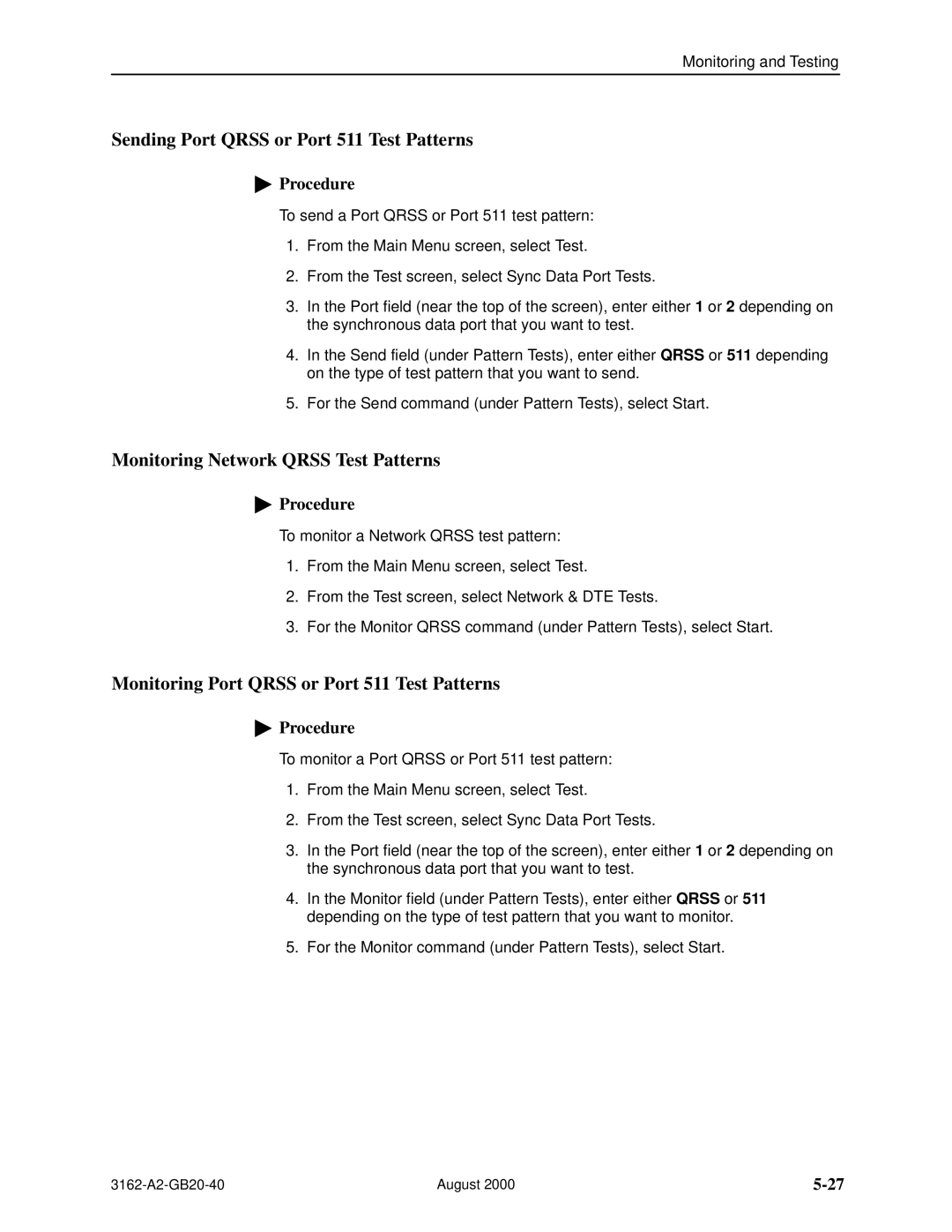 HP 3162 manual Sending Port Qrss or Port 511 Test Patterns, Monitoring Network Qrss Test Patterns 