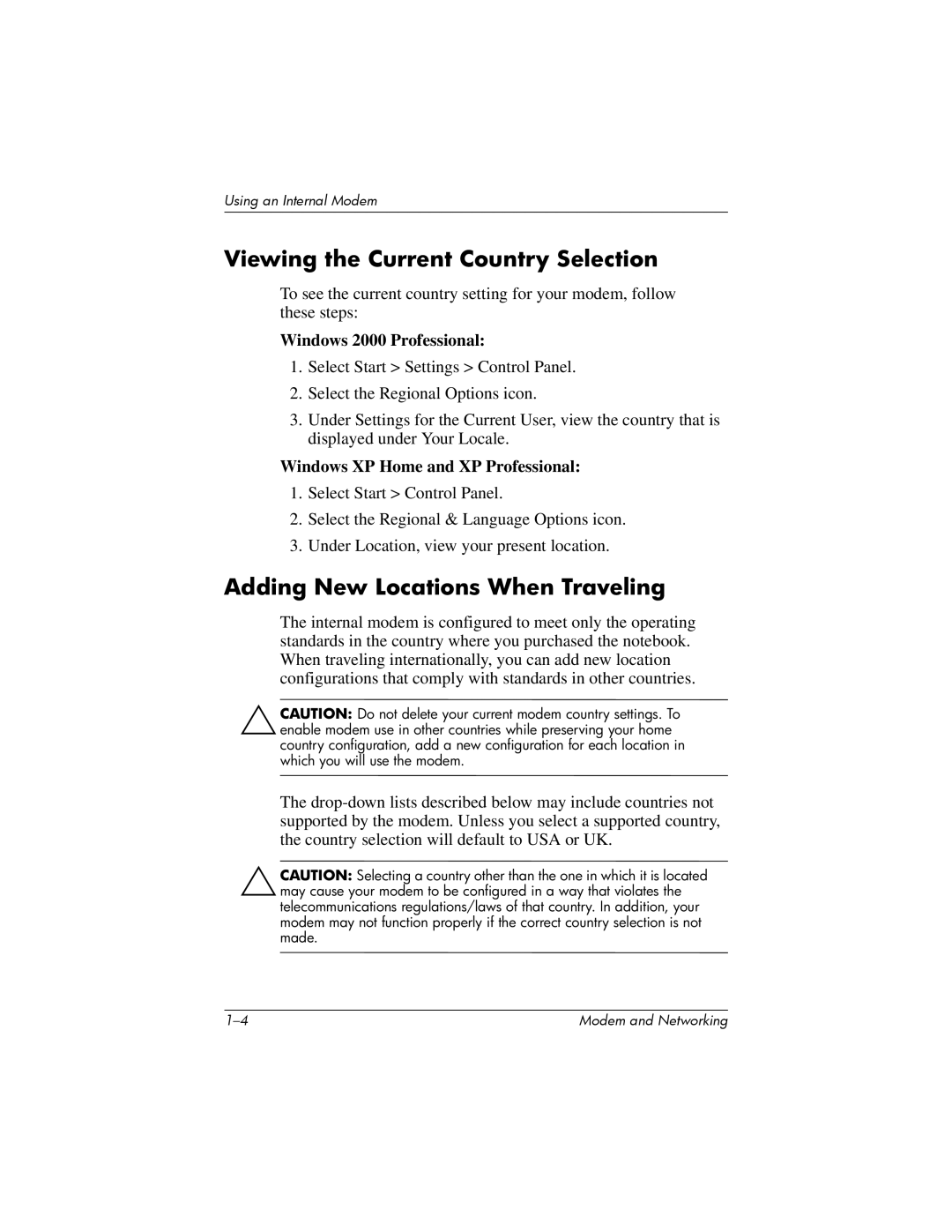 HP 316748-002 manual Viewing the Current Country Selection, Adding New Locations When Traveling, Windows 2000 Professional 