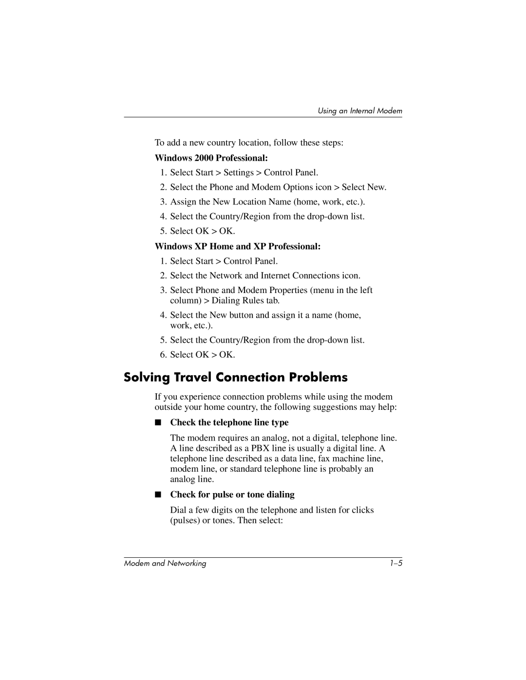 HP 316748-002 manual Solving Travel Connection Problems, Check the telephone line type, Check for pulse or tone dialing 