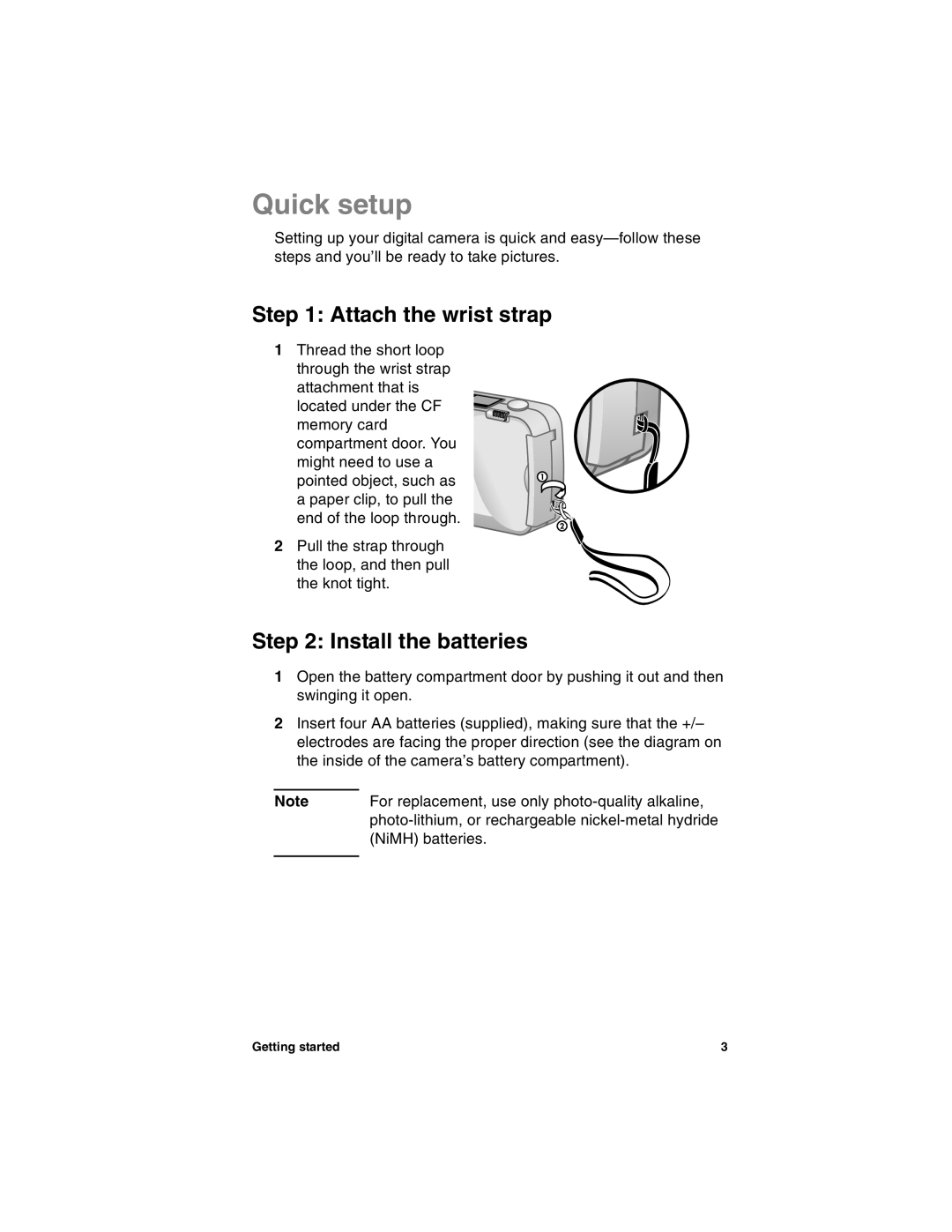 HP 318 manual Quick setup, Attach the wrist strap, Install the batteries 