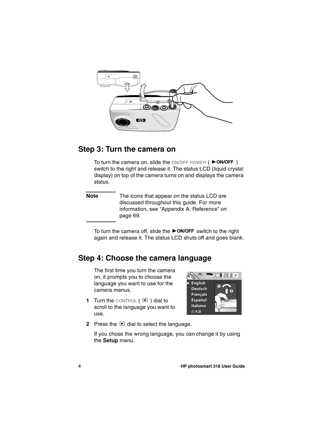 HP 318 manual Turn the camera on, Choose the camera language 