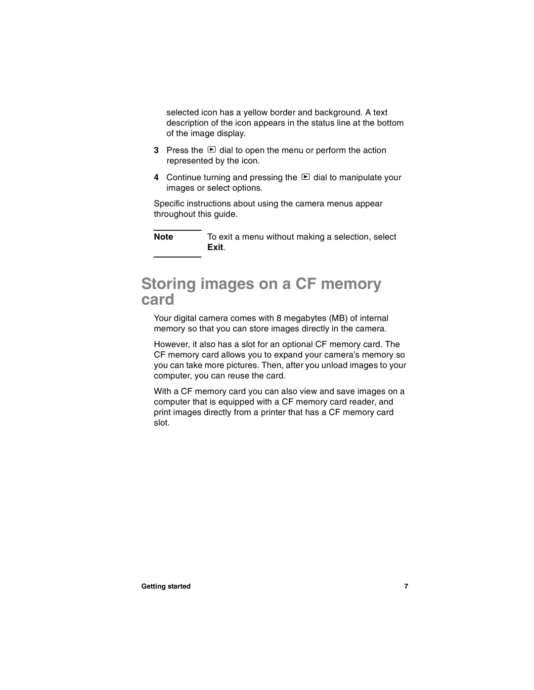 HP 318 manual Storing images on a CF memory card, To exit a menu without making a selection, select, Exit 