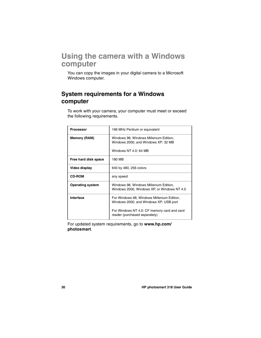 HP 318 manual Using the camera with a Windows computer, System requirements for a Windows computer, Photosmart 