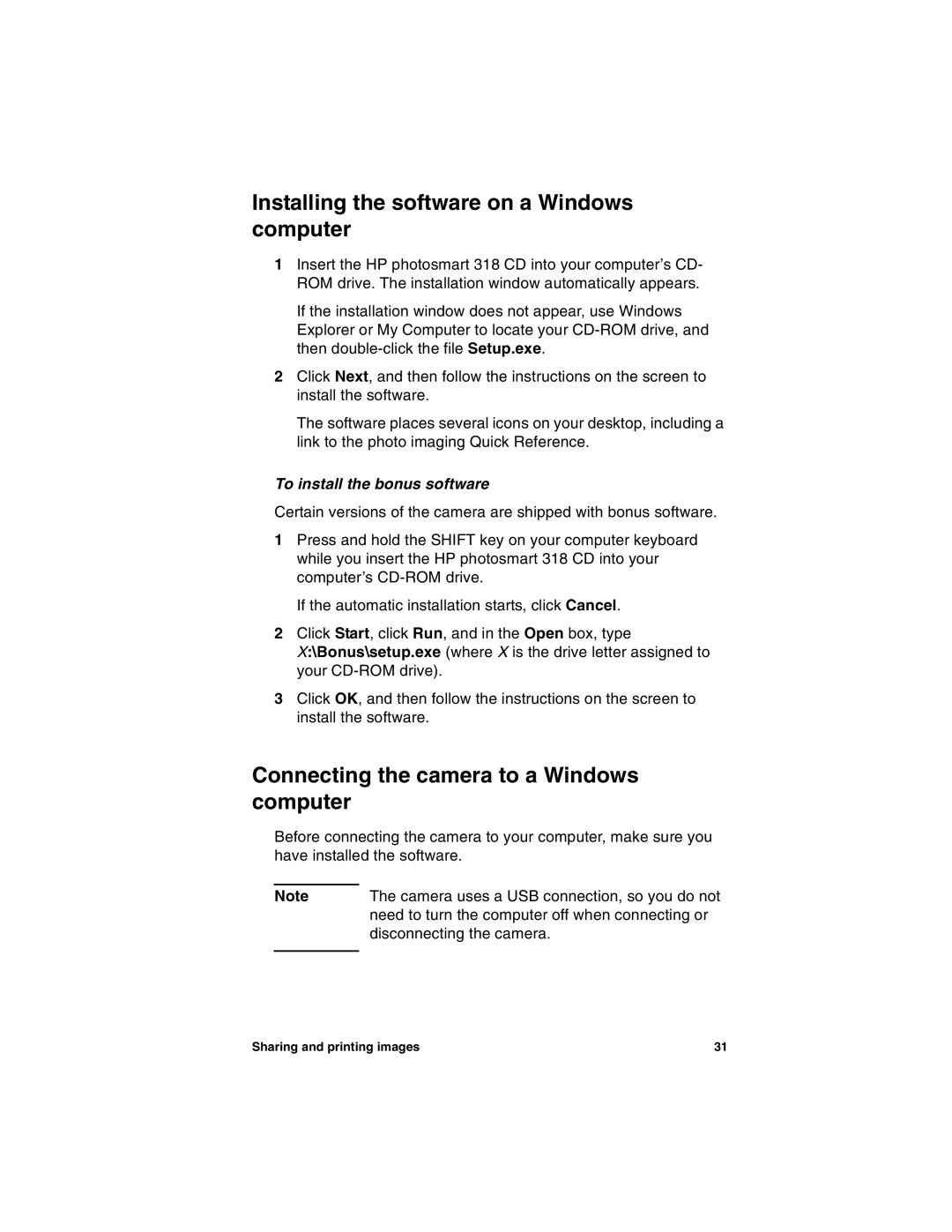 HP 318 manual Installing the software on a Windows computer, Connecting the camera to a Windows computer 