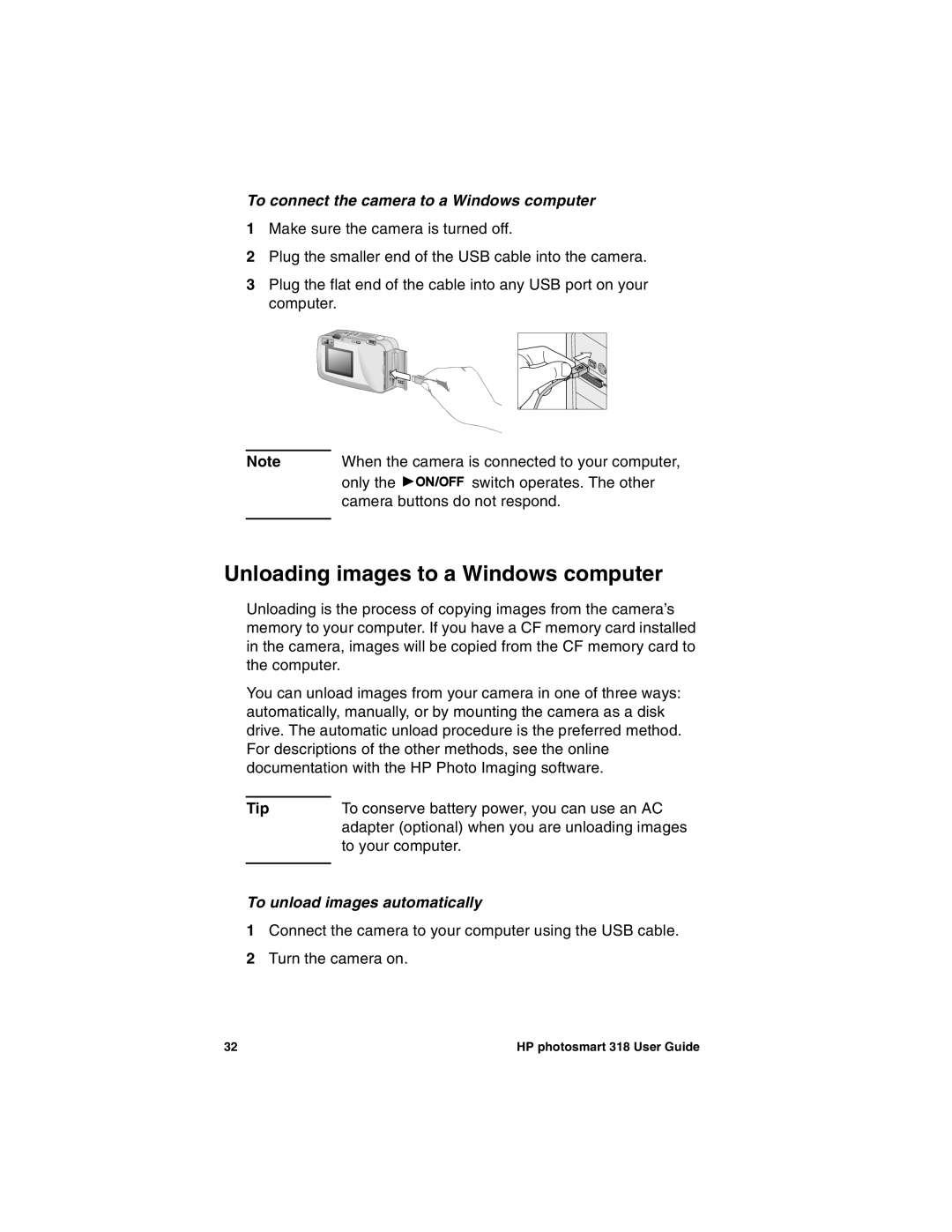 HP 318 Unloading images to a Windows computer, To connect the camera to a Windows computer, To unload images automatically 