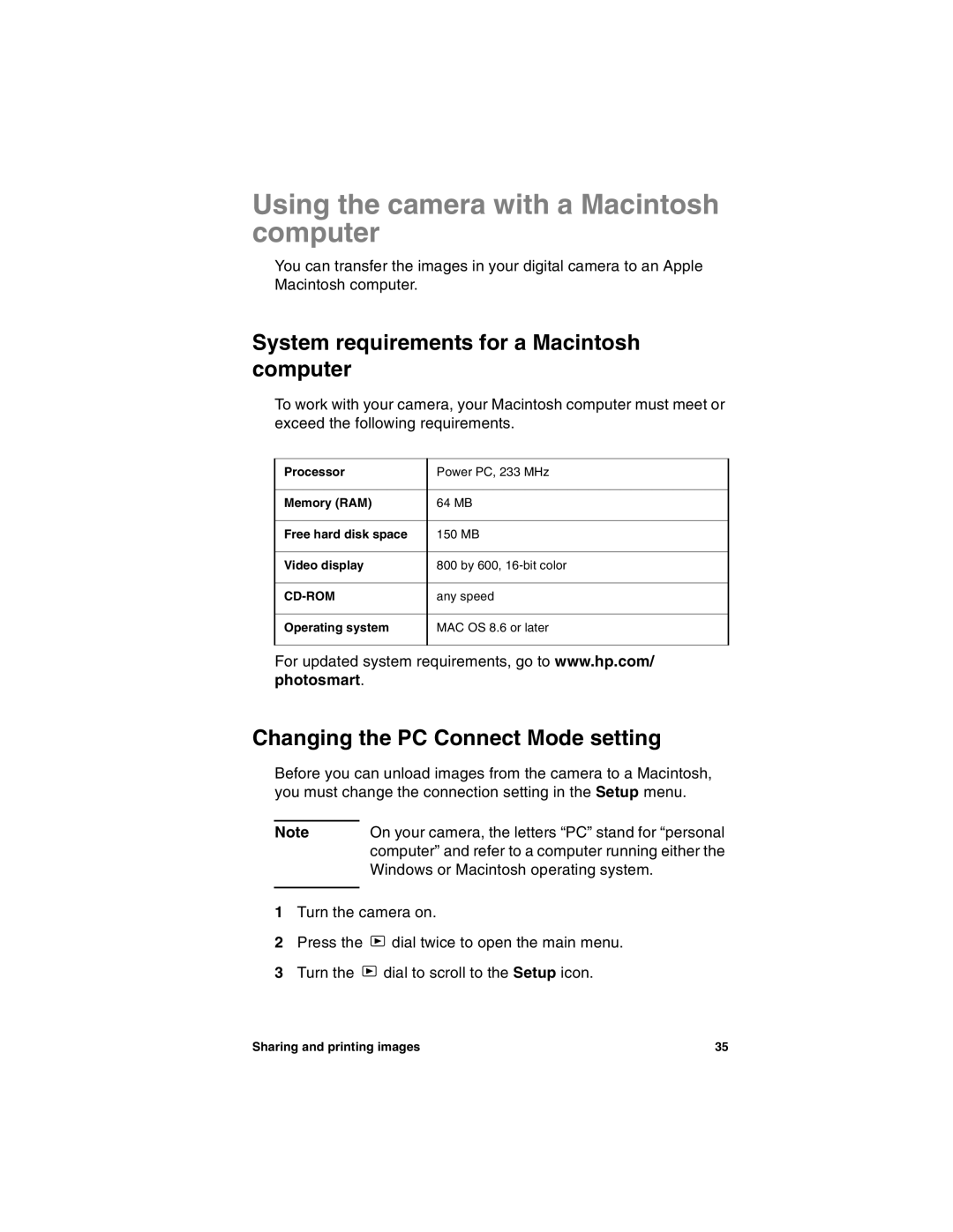 HP 318 manual Using the camera with a Macintosh computer, System requirements for a Macintosh computer 