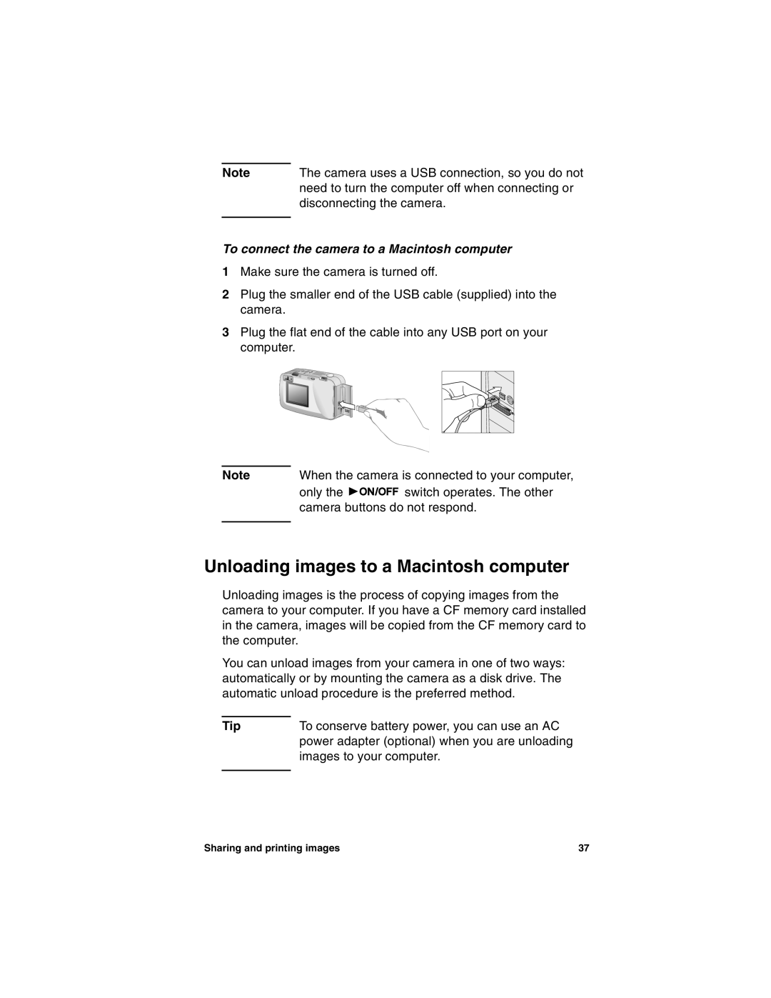 HP 318 manual Unloading images to a Macintosh computer, To connect the camera to a Macintosh computer 