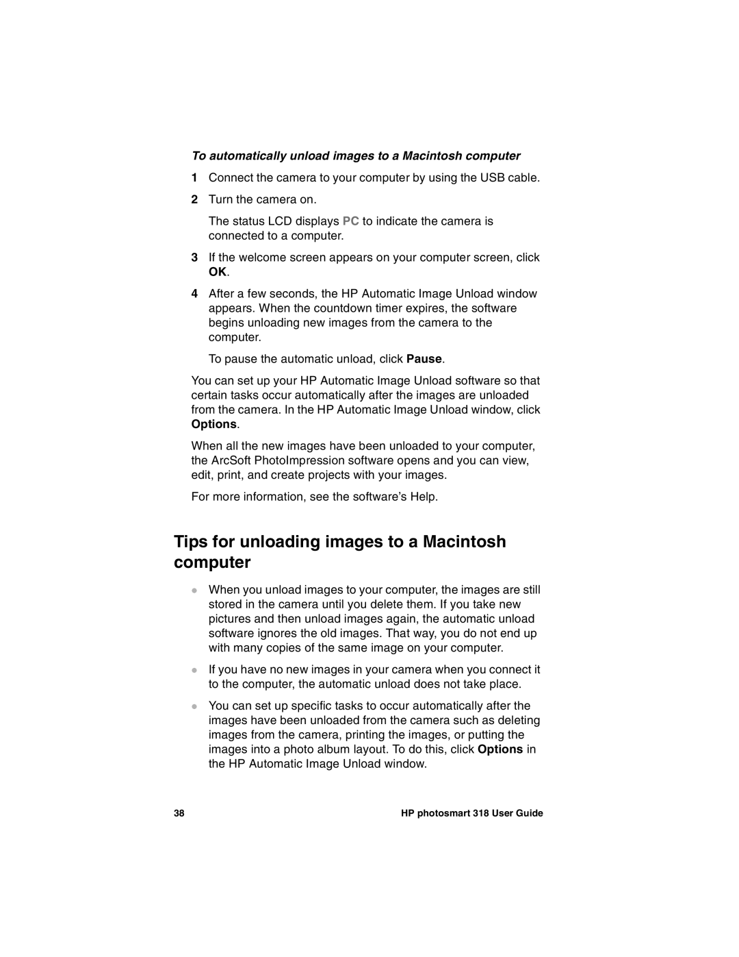 HP 318 manual Tips for unloading images to a Macintosh computer, To automatically unload images to a Macintosh computer 