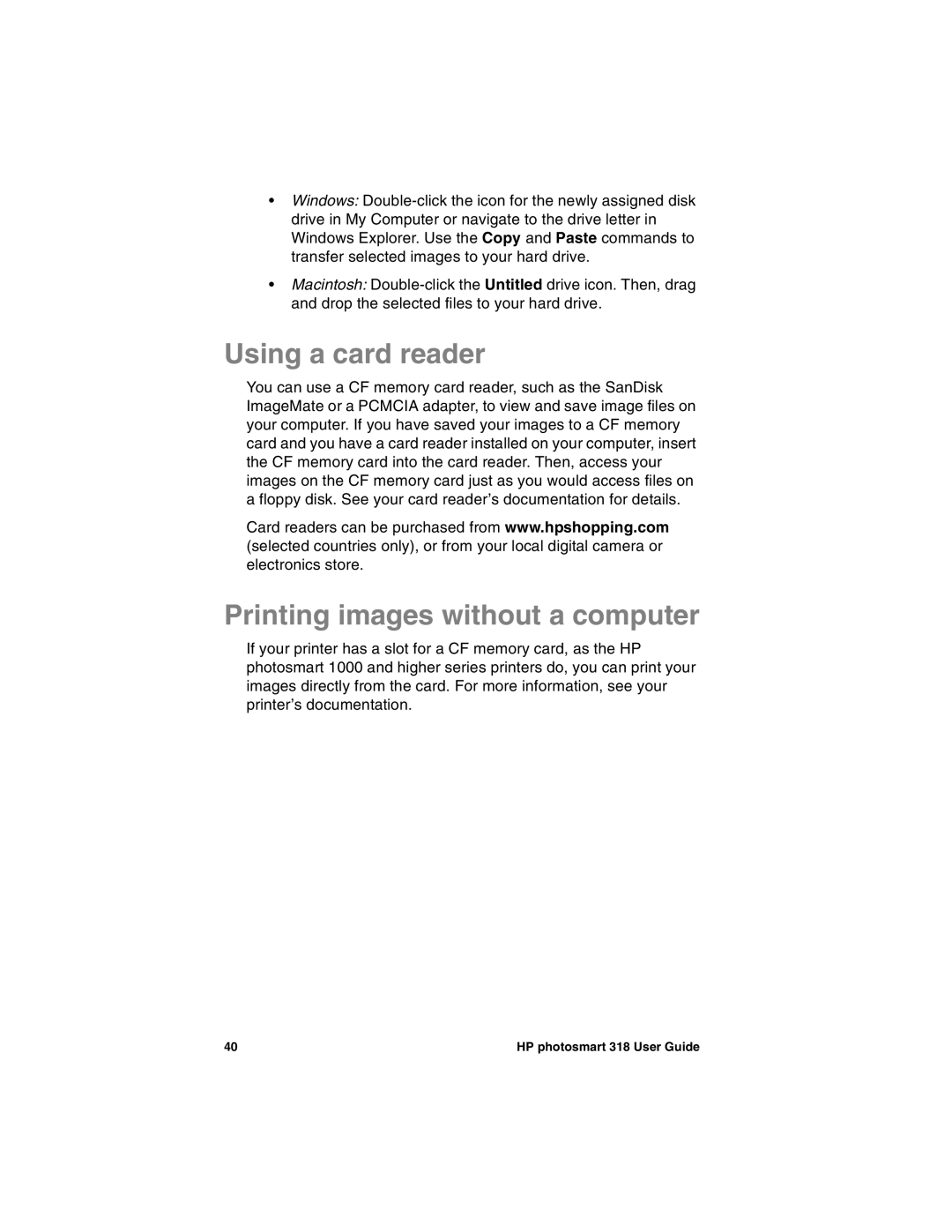 HP 318 manual Using a card reader, Printing images without a computer 