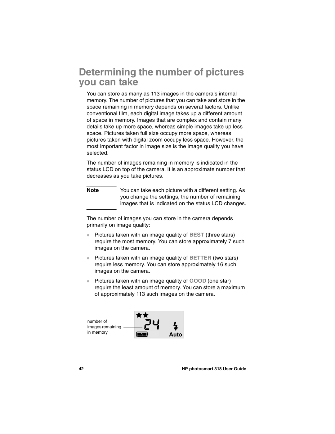 HP 318 manual Determining the number of pictures you can take 