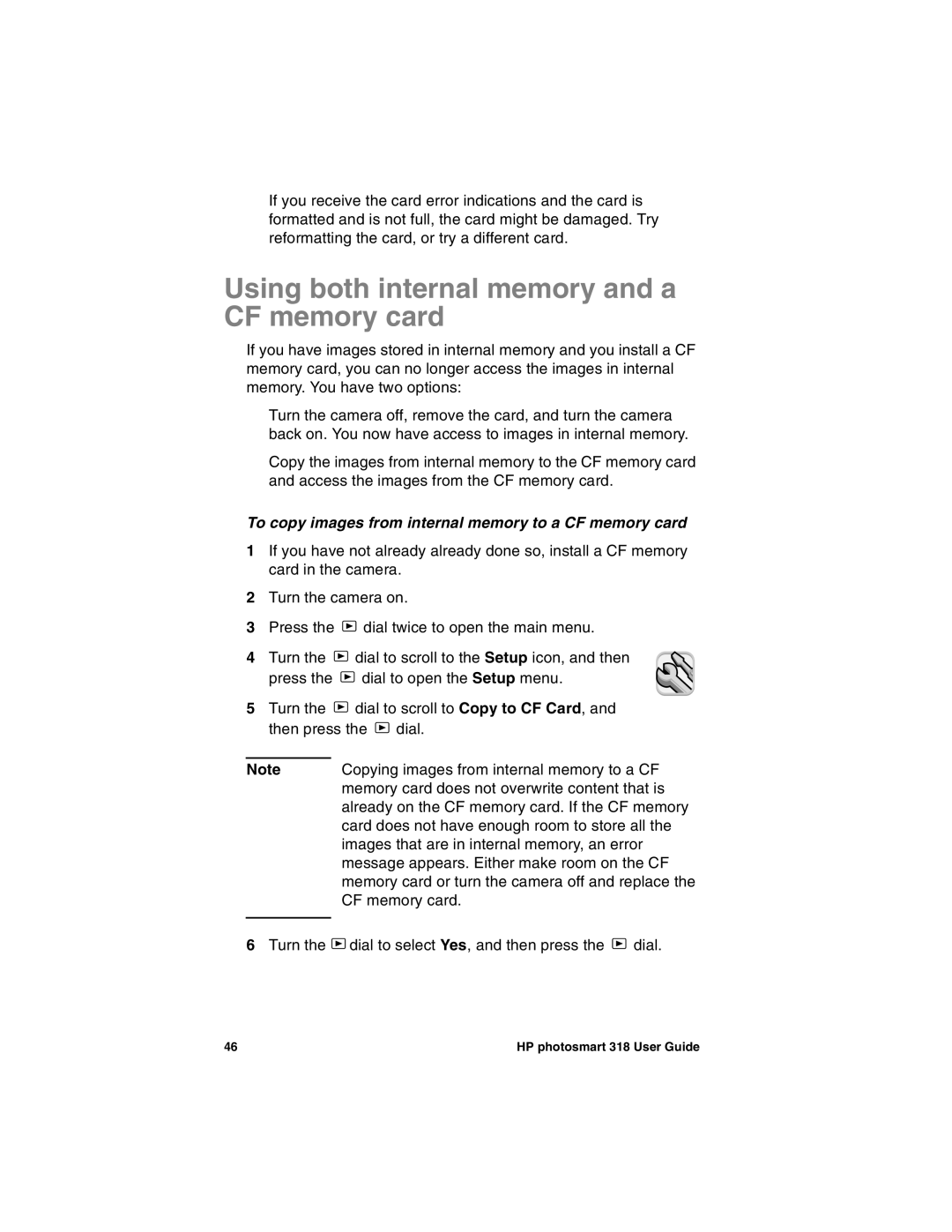 HP 318 manual To copy images from internal memory to a CF memory card 