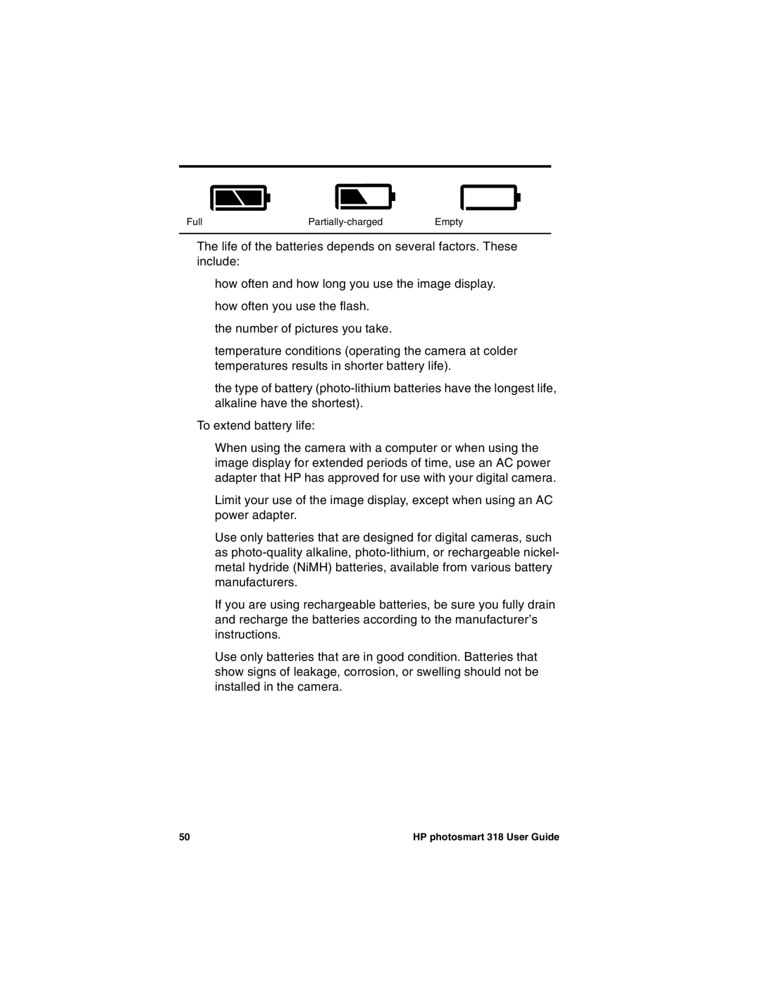 HP 318 manual Full Partially-charged Empty 