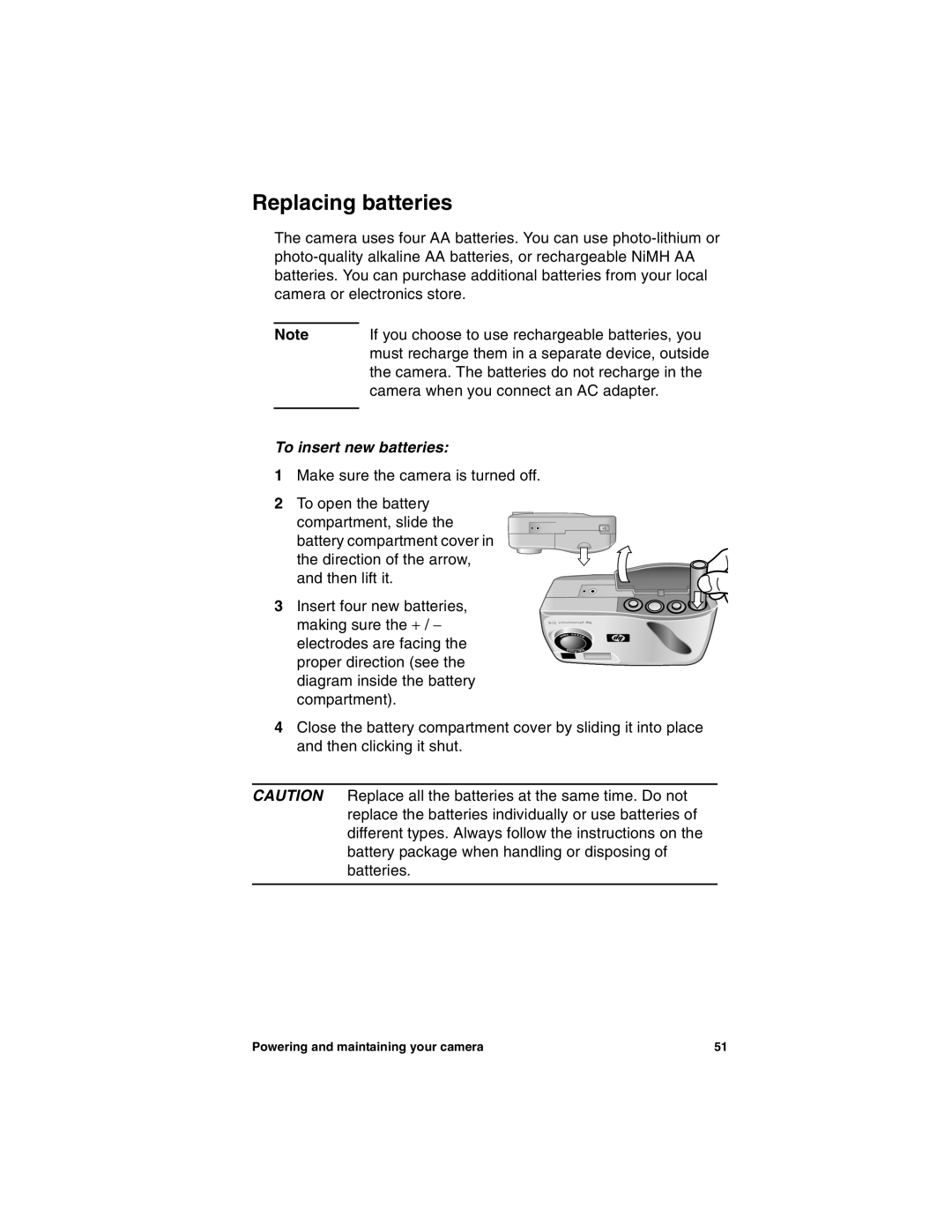 HP 318 manual Replacing batteries, To insert new batteries 