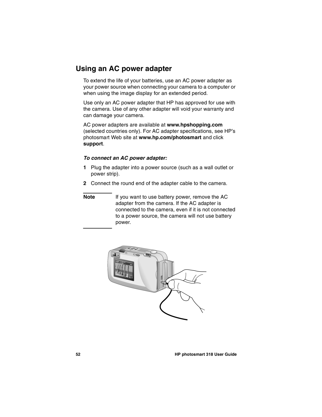 HP 318 manual Using an AC power adapter, Support, To connect an AC power adapter 