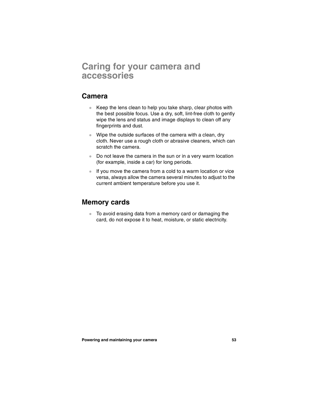 HP 318 manual Caring for your camera and accessories, Camera, Memory cards 