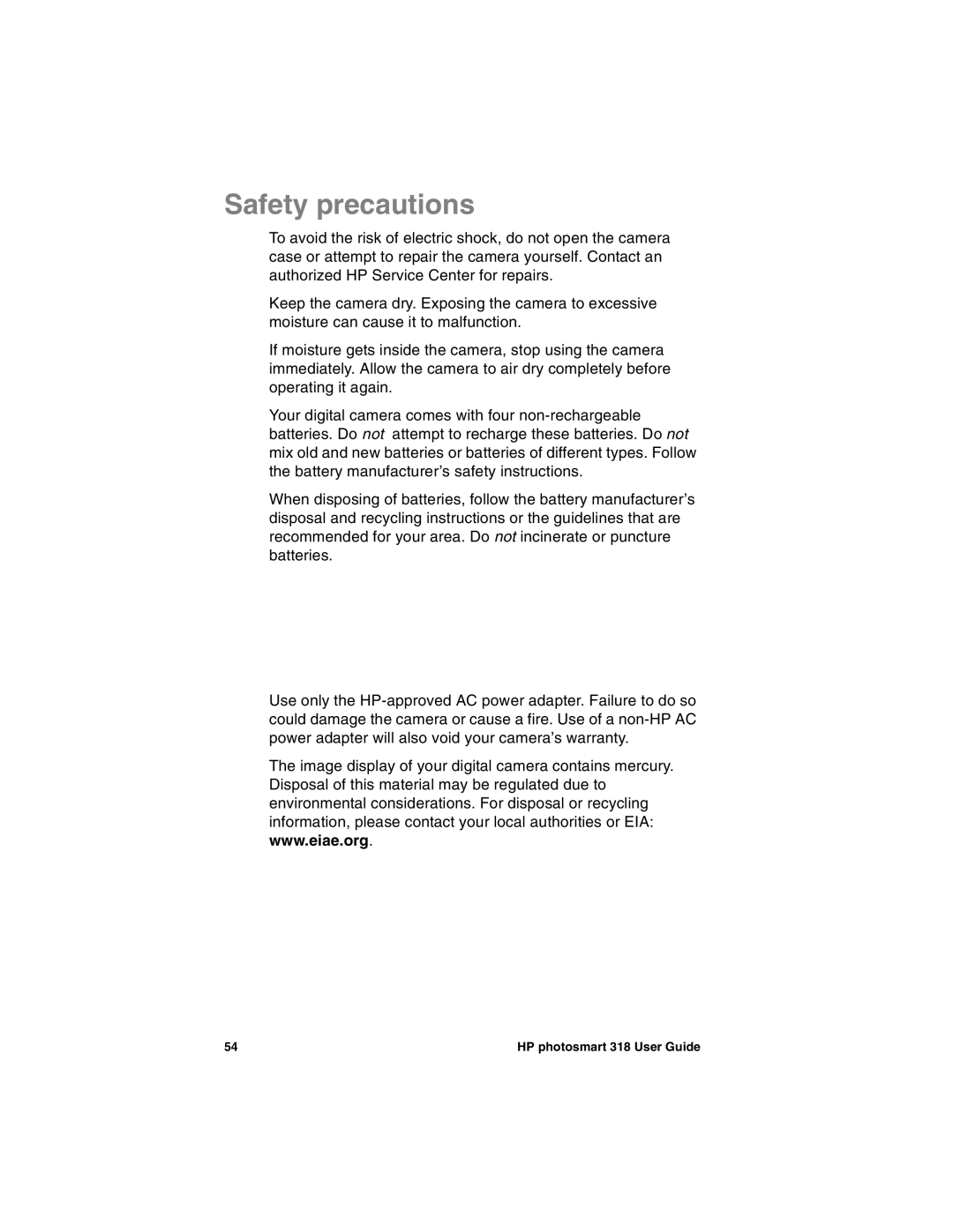 HP 318 manual Safety precautions 