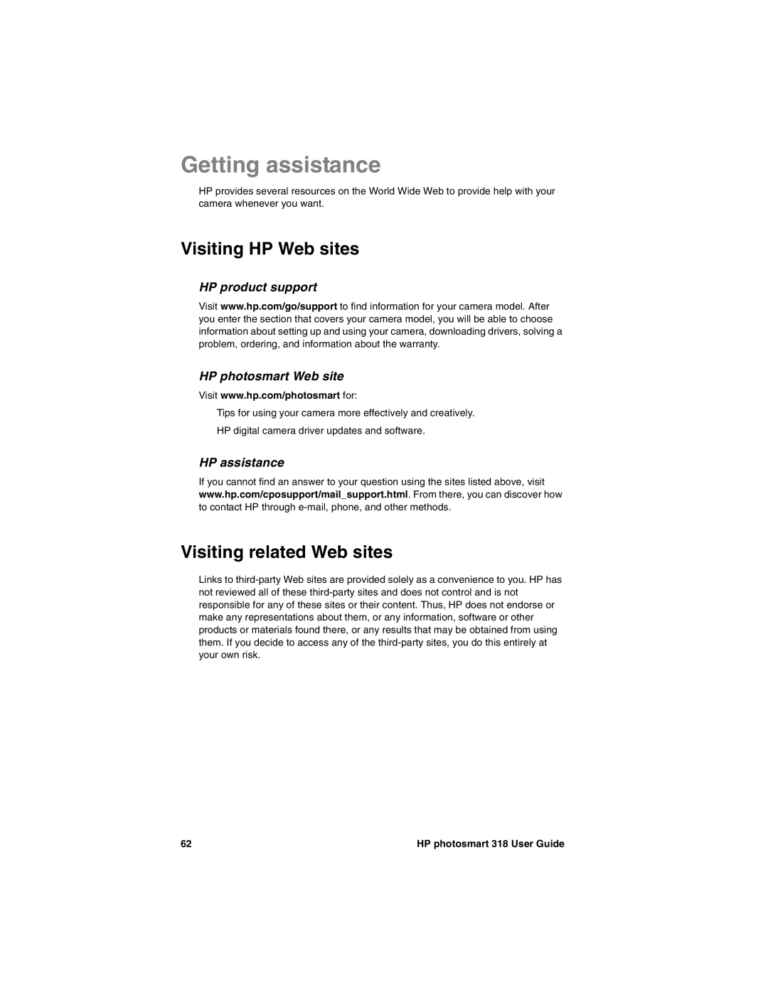 HP 318 Getting assistance, Visiting HP Web sites, Visiting related Web sites, HP product support HP photosmart Web site 