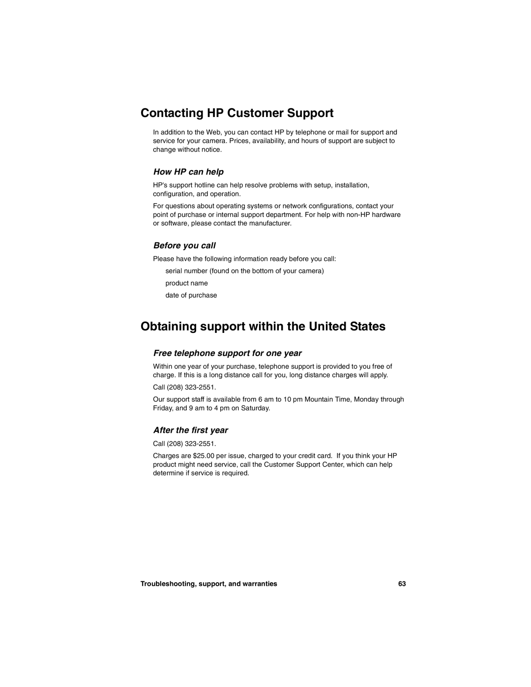 HP 318 manual Contacting HP Customer Support, Obtaining support within the United States 