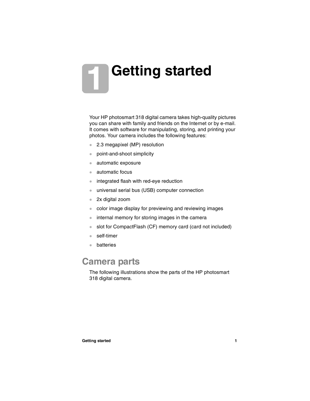 HP 318 manual Getting started, Camera parts 
