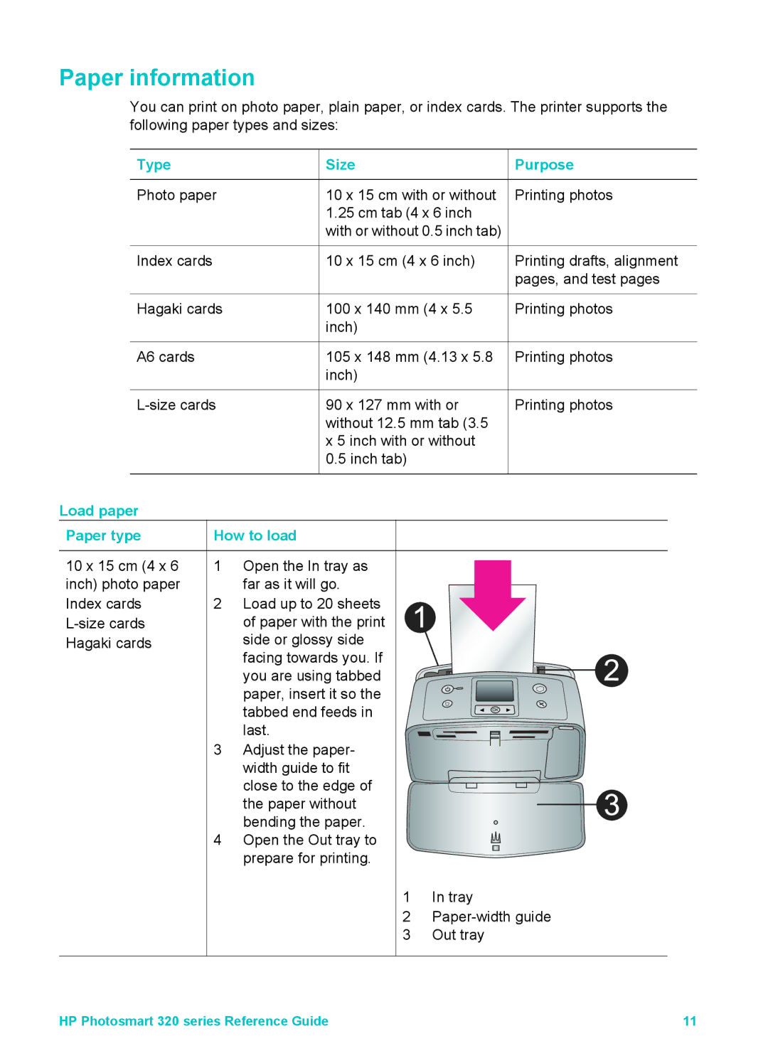 HP 320 320 Paper information, Type Size Purpose Photo paper 10 x 15 cm with or without, Load paper Paper type, How to load 