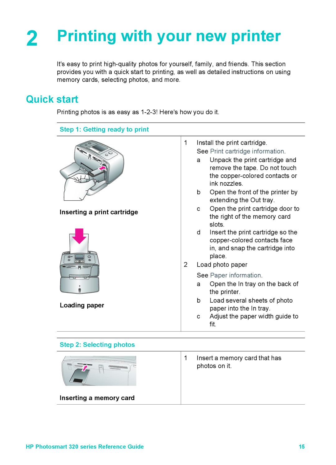 HP 320 320 manual Printing with your new printer, Quick start, Getting ready to print, Selecting photos 