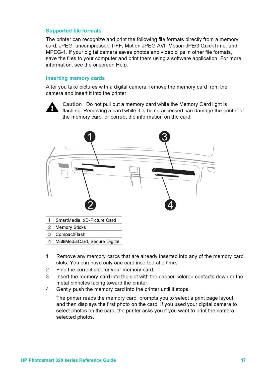 HP 320 320 manual Supported file formats, Inserting memory cards 