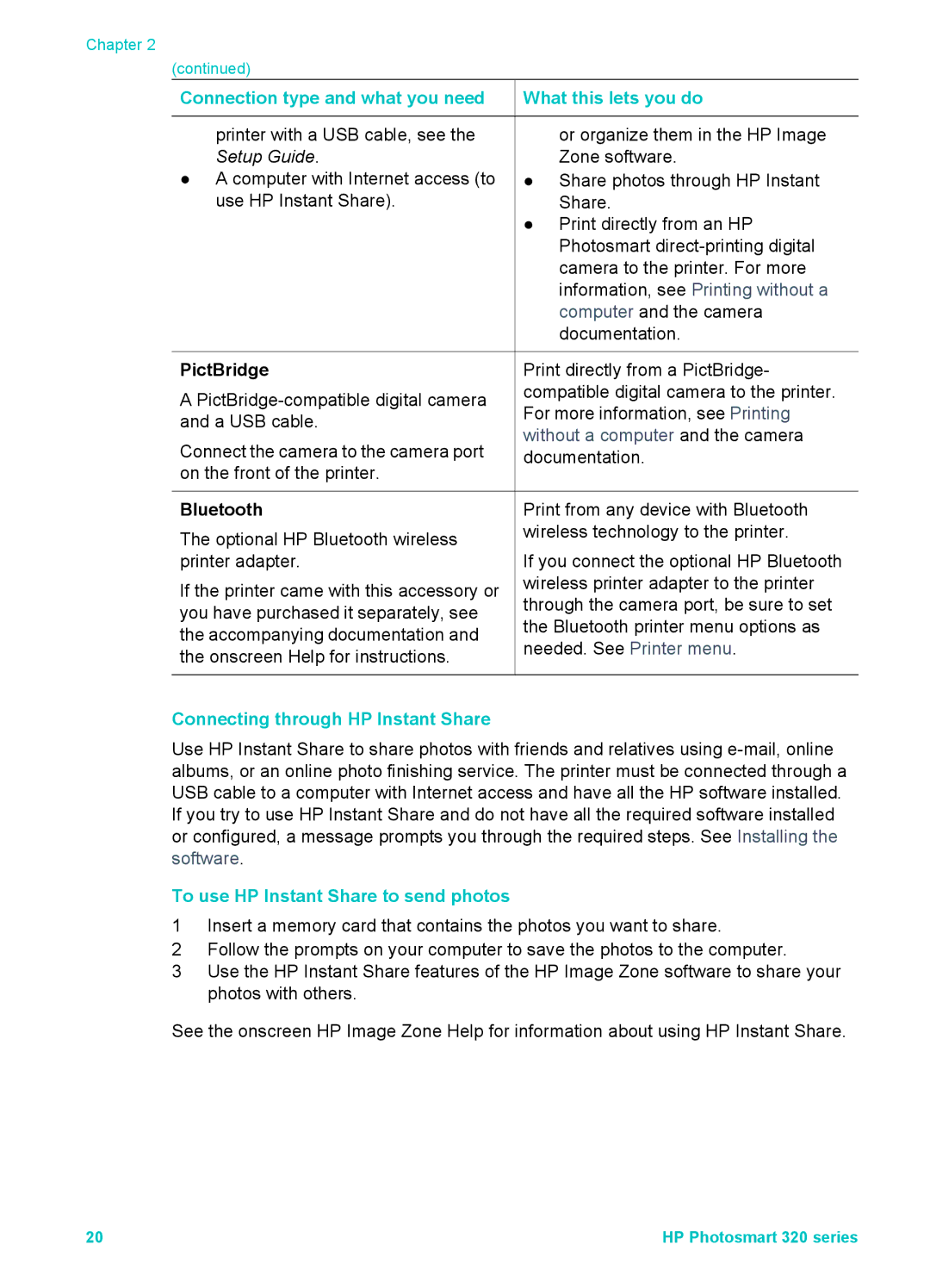 HP 320 320 manual PictBridge, Bluetooth, Connecting through HP Instant Share, To use HP Instant Share to send photos 