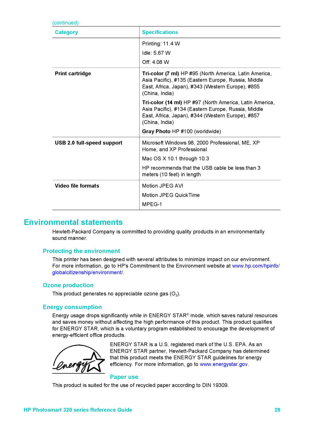 HP 320 320 manual Protecting the environment Ozone production, Energy consumption, Paper use 