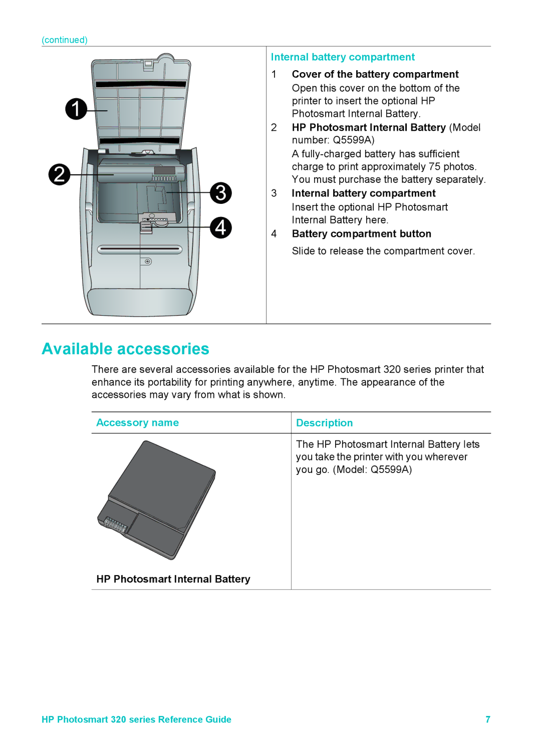 HP 320 320 manual Available accessories, Internal battery compartment, Accessory name Description 