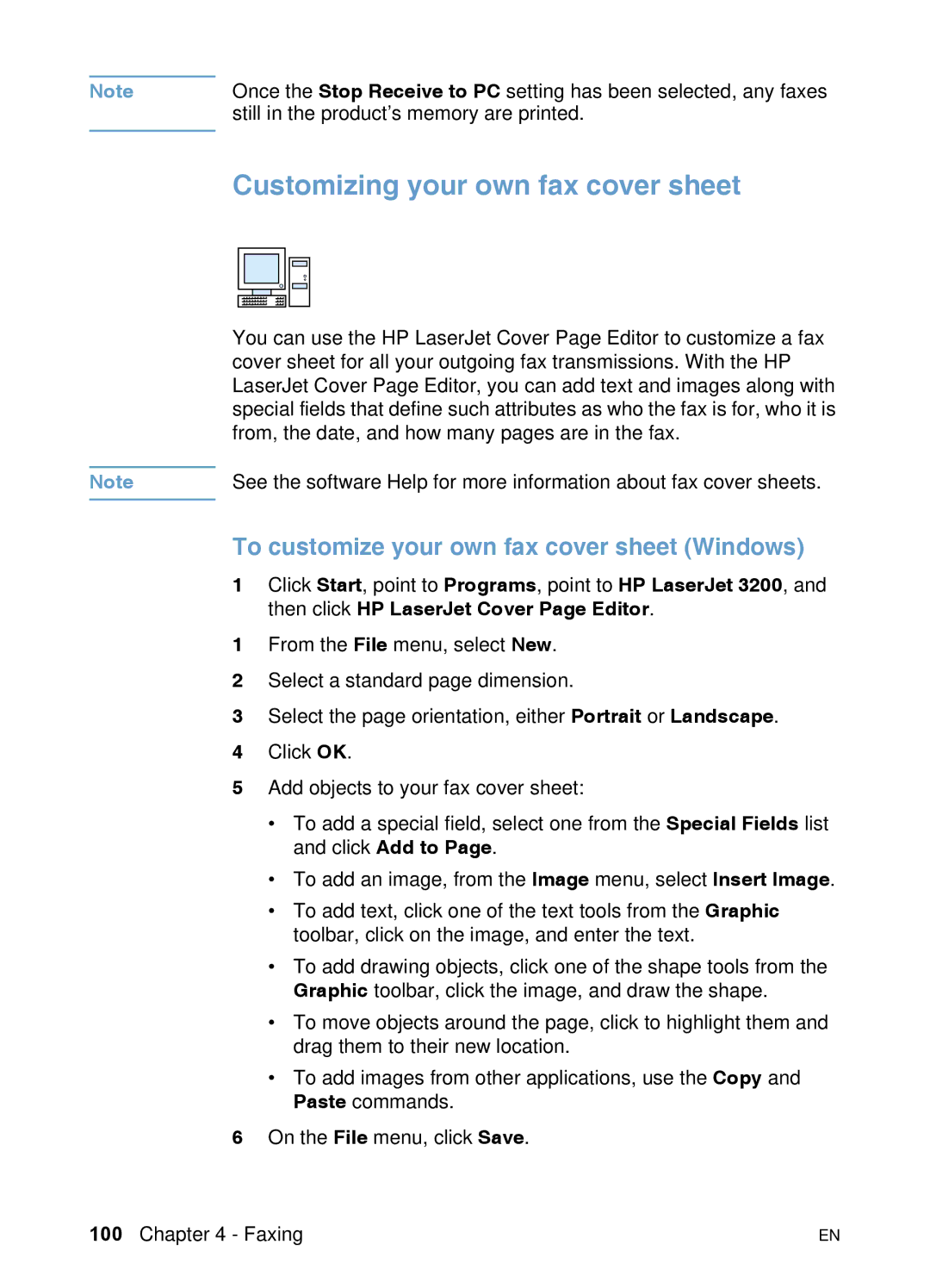 HP 3200 manual Customizing your own fax cover sheet, To customize your own fax cover sheet Windows 