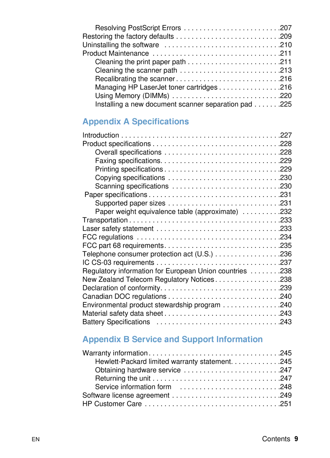 HP 3200 manual Appendix a Specifications, Appendix B Service and Support Information 