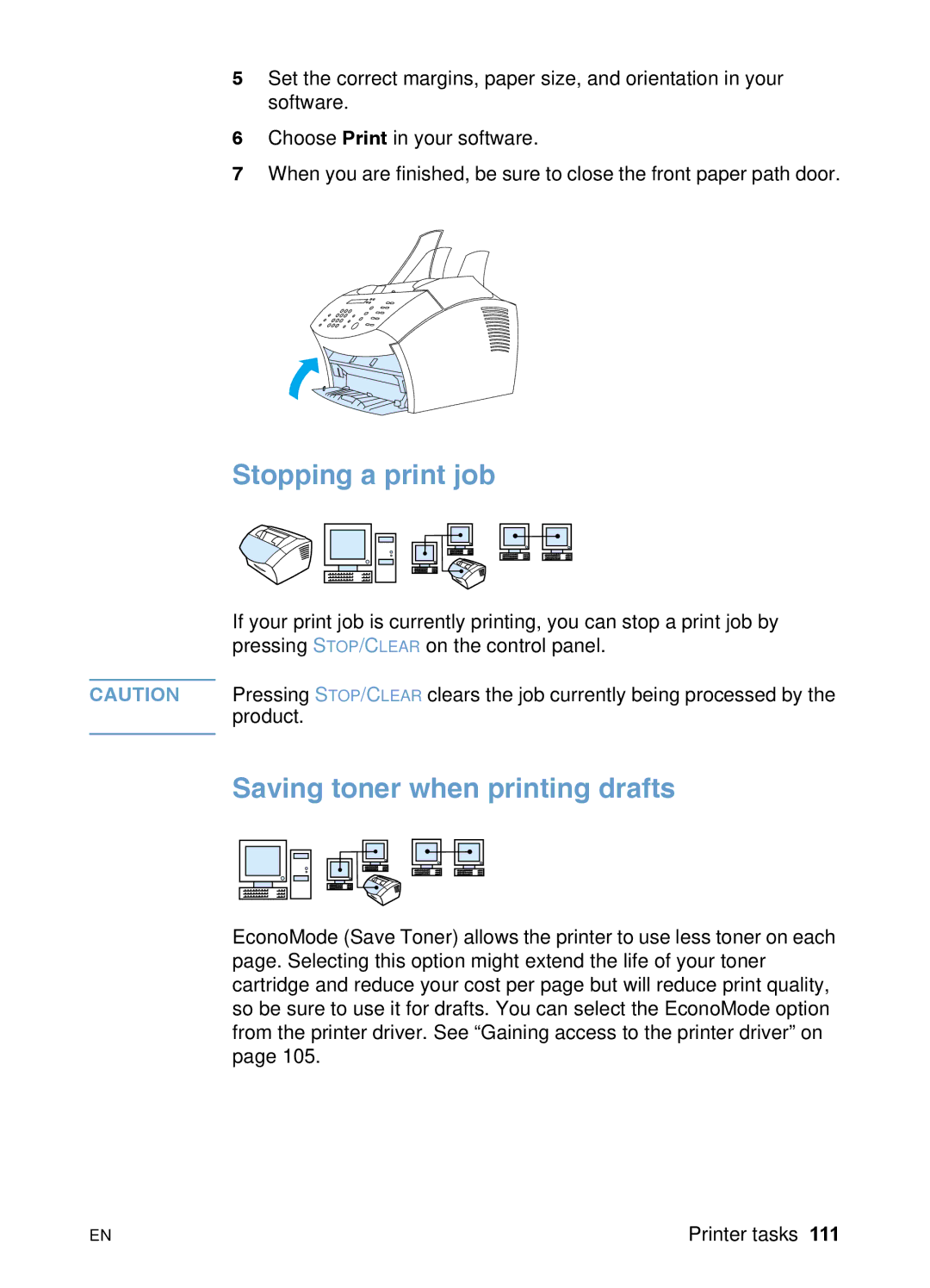 HP 3200 manual Stopping a print job, Saving toner when printing drafts 