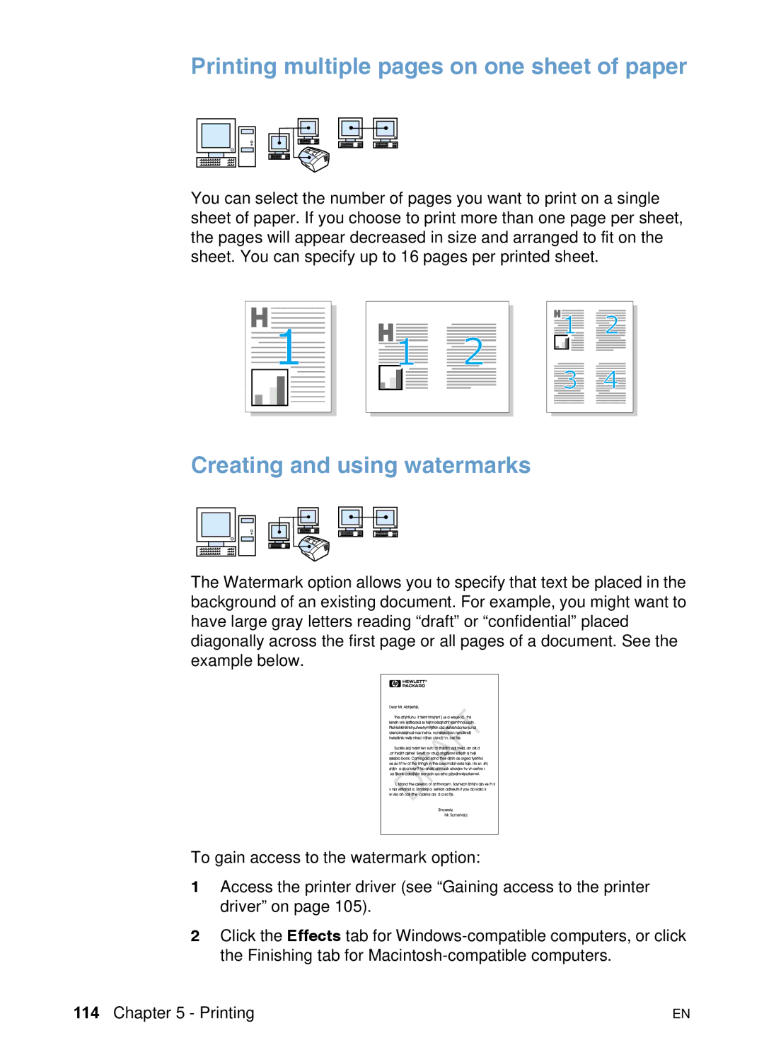 HP 3200 manual Printing multiple pages on one sheet of paper, Creating and using watermarks 