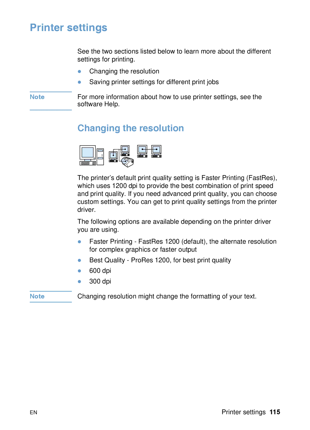 HP 3200 manual Printer settings, Changing the resolution 