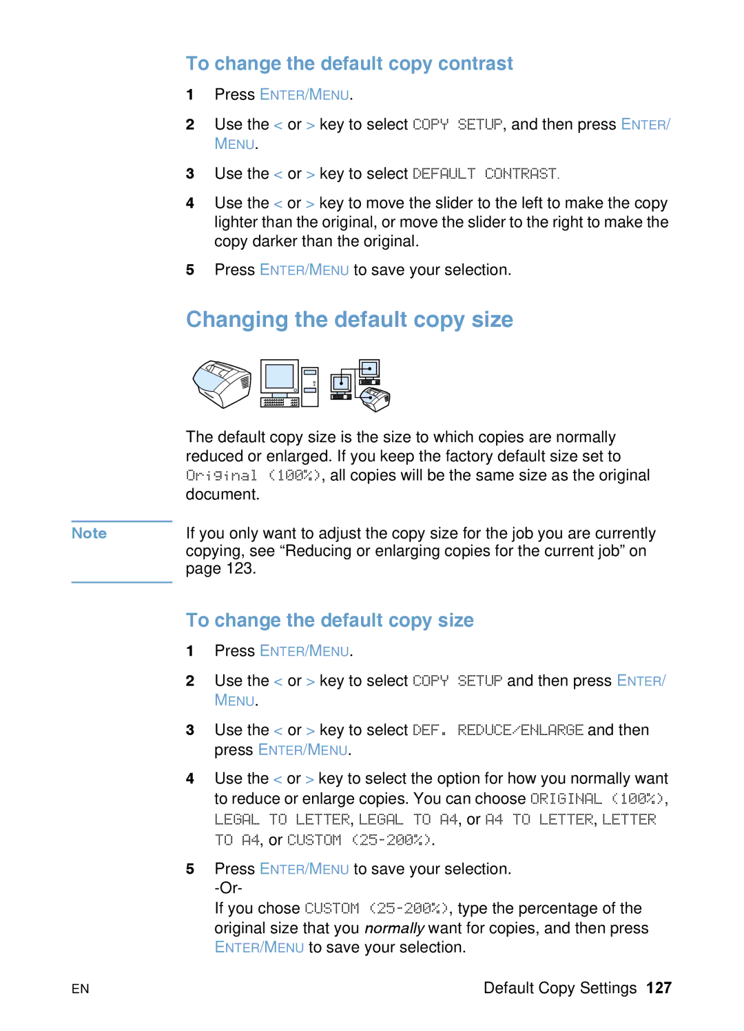 HP 3200 manual Changing the default copy size, To change the default copy contrast, To change the default copy size 