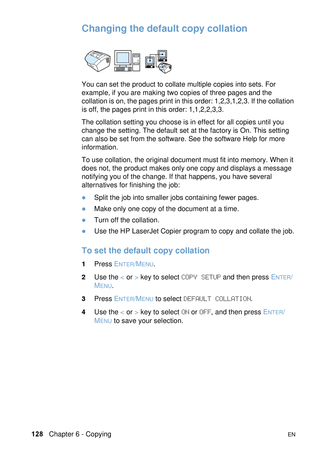 HP 3200 manual Changing the default copy collation, To set the default copy collation 