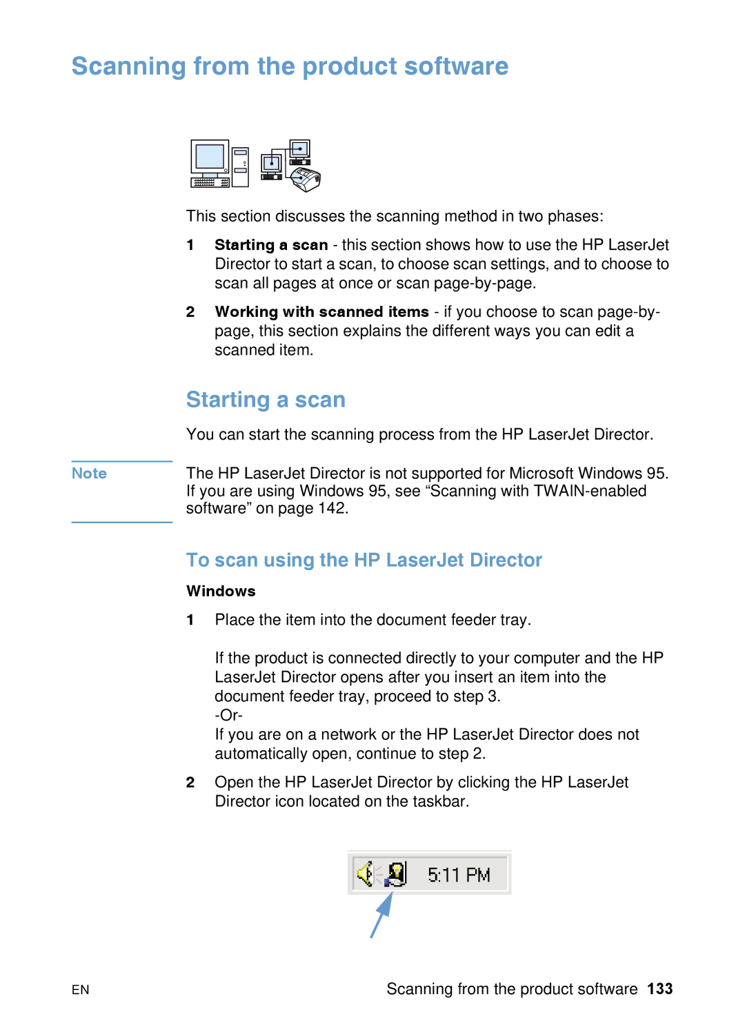 HP 3200 manual Scanning from the product software, Starting a scan, To scan using the HP LaserJet Director, Windows 