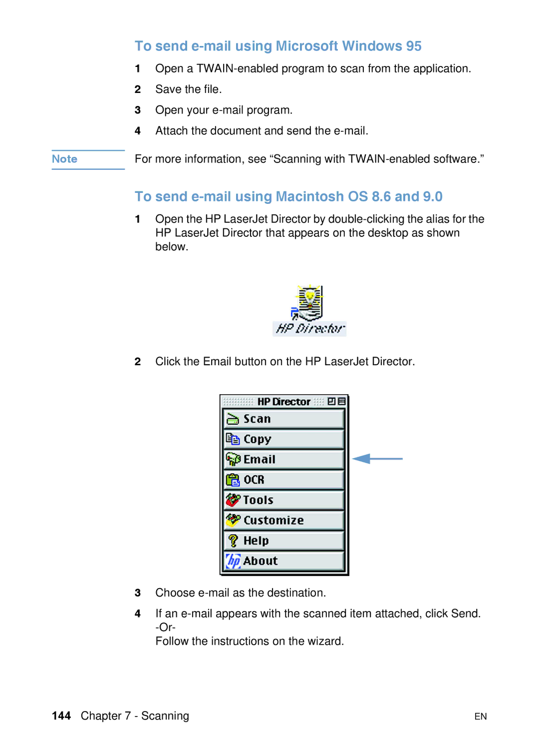 HP 3200 manual To send e-mail using Microsoft Windows, To send e-mail using Macintosh OS 8.6 