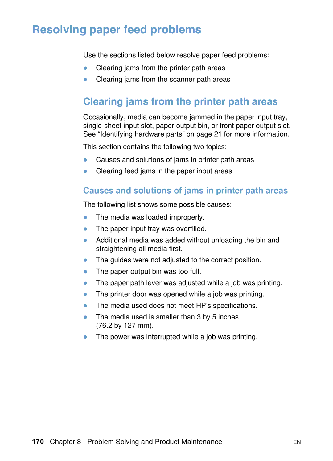 HP 3200 manual Resolving paper feed problems, Clearing jams from the printer path areas 