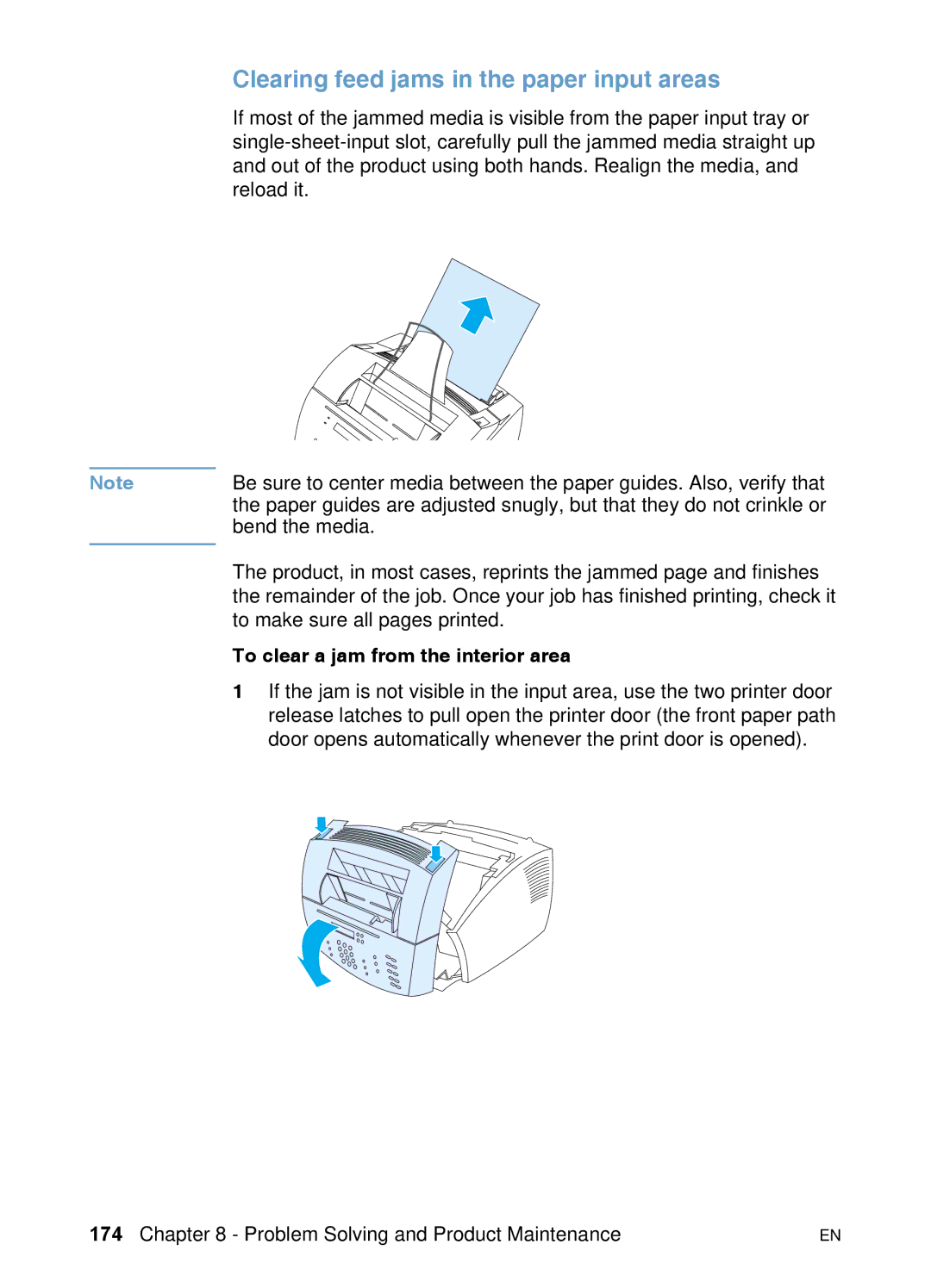 HP 3200 manual Clearing feed jams in the paper input areas, To clear a jam from the interior area 