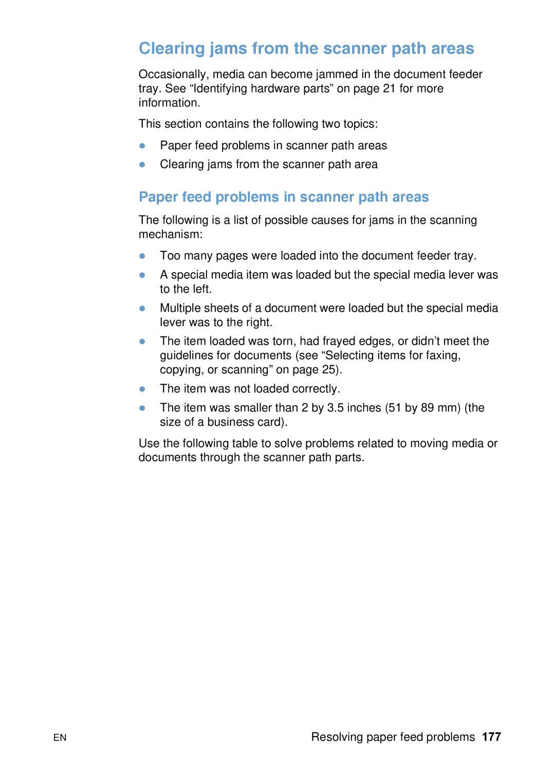 HP 3200 manual Clearing jams from the scanner path areas, Paper feed problems in scanner path areas 