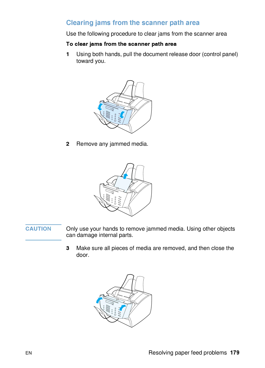 HP 3200 manual Clearing jams from the scanner path area, To clear jams from the scanner path area 