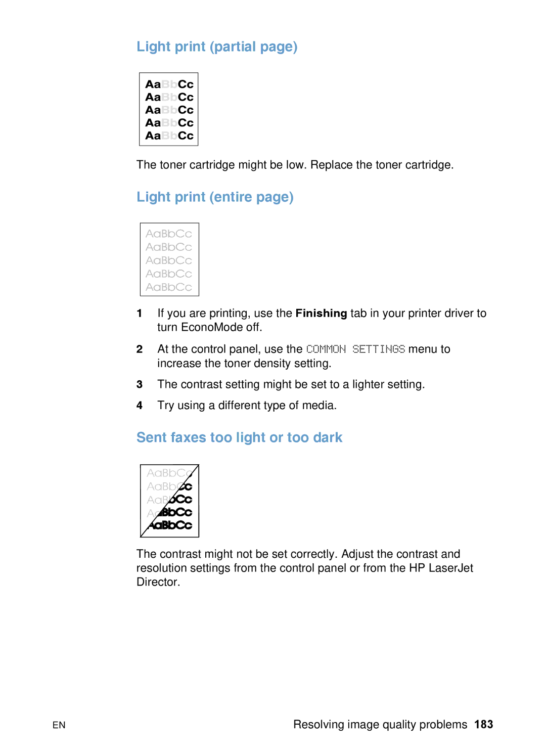 HP 3200 manual Light print partial, Light print entire, Sent faxes too light or too dark 