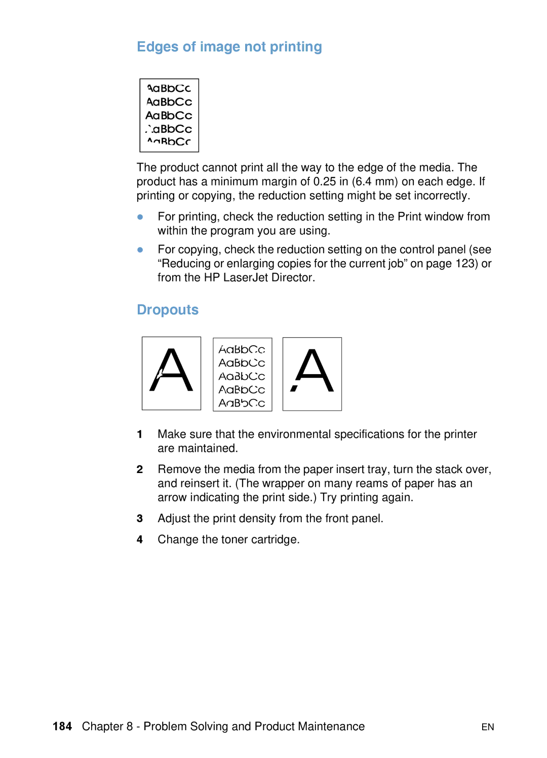 HP 3200 manual Edges of image not printing, Dropouts 