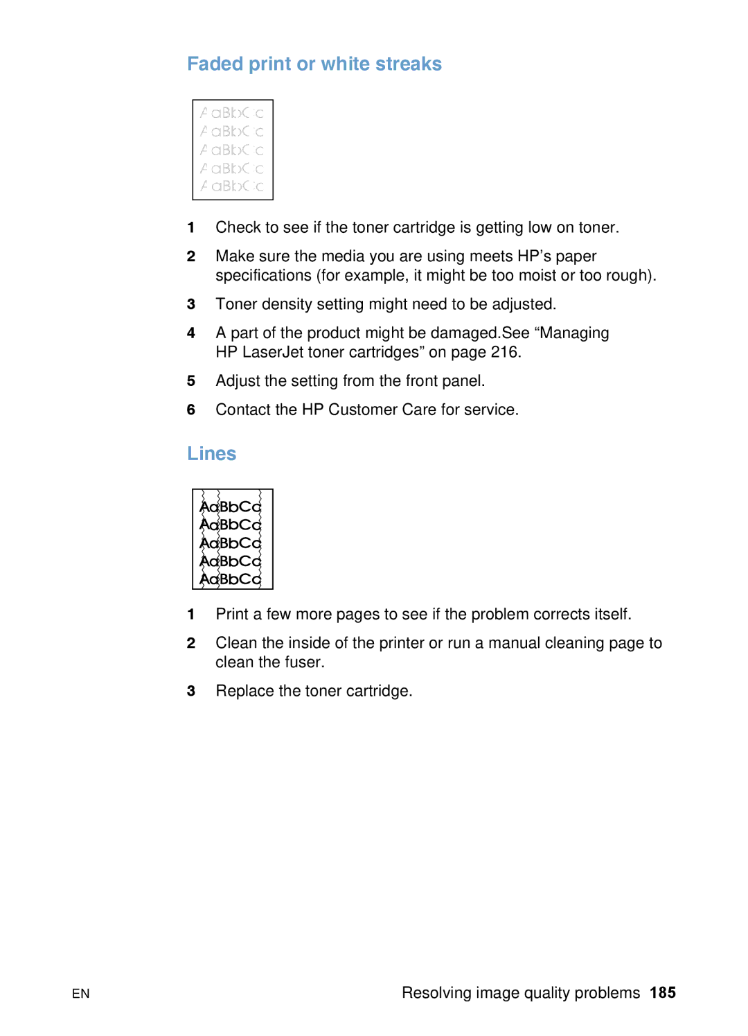 HP 3200 manual Faded print or white streaks, Lines 