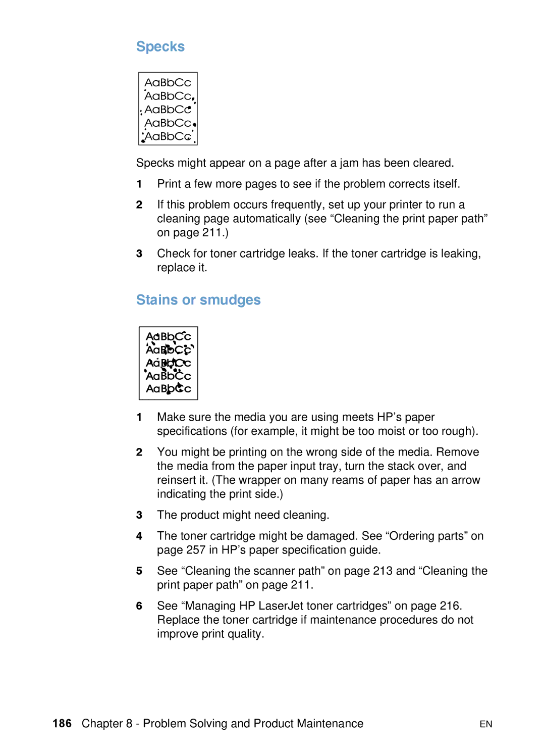 HP 3200 manual Specks, Stains or smudges 